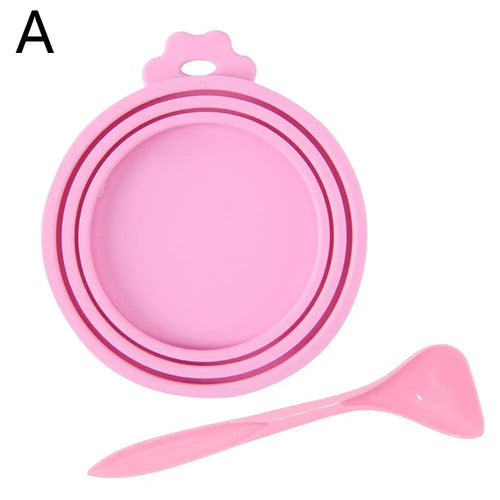 A set Reusable Pet Food Can Cover and Spoon Portable Dogs Cat Storage