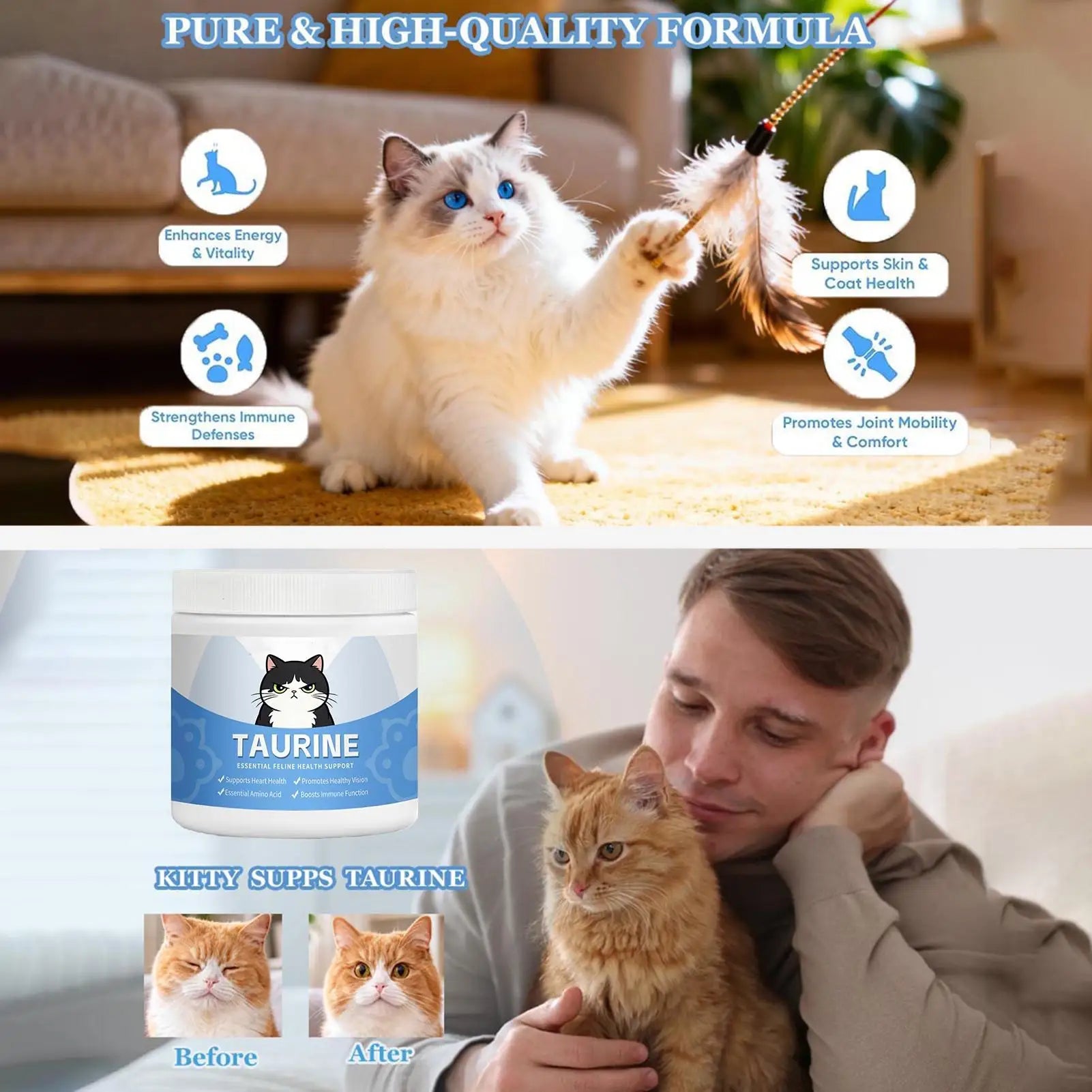 Cat Eyes Health Supplements Powder Water-Soluble Heart Support for Cats L-Lysine for Kittens Mix in Food Daily Grooming for Cats